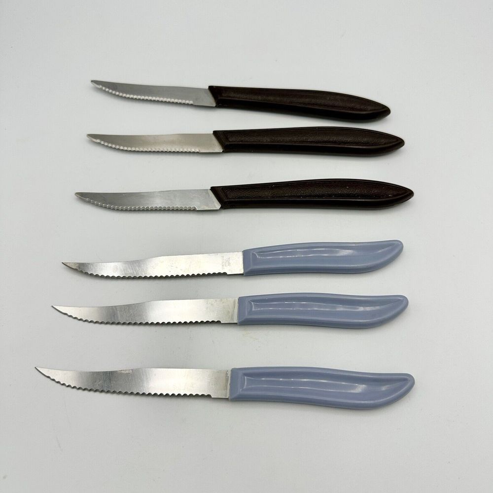 QUIKUT Stainless Knives Brown Blue Handles Lot 6 Japan 4" Blades Serrated READ